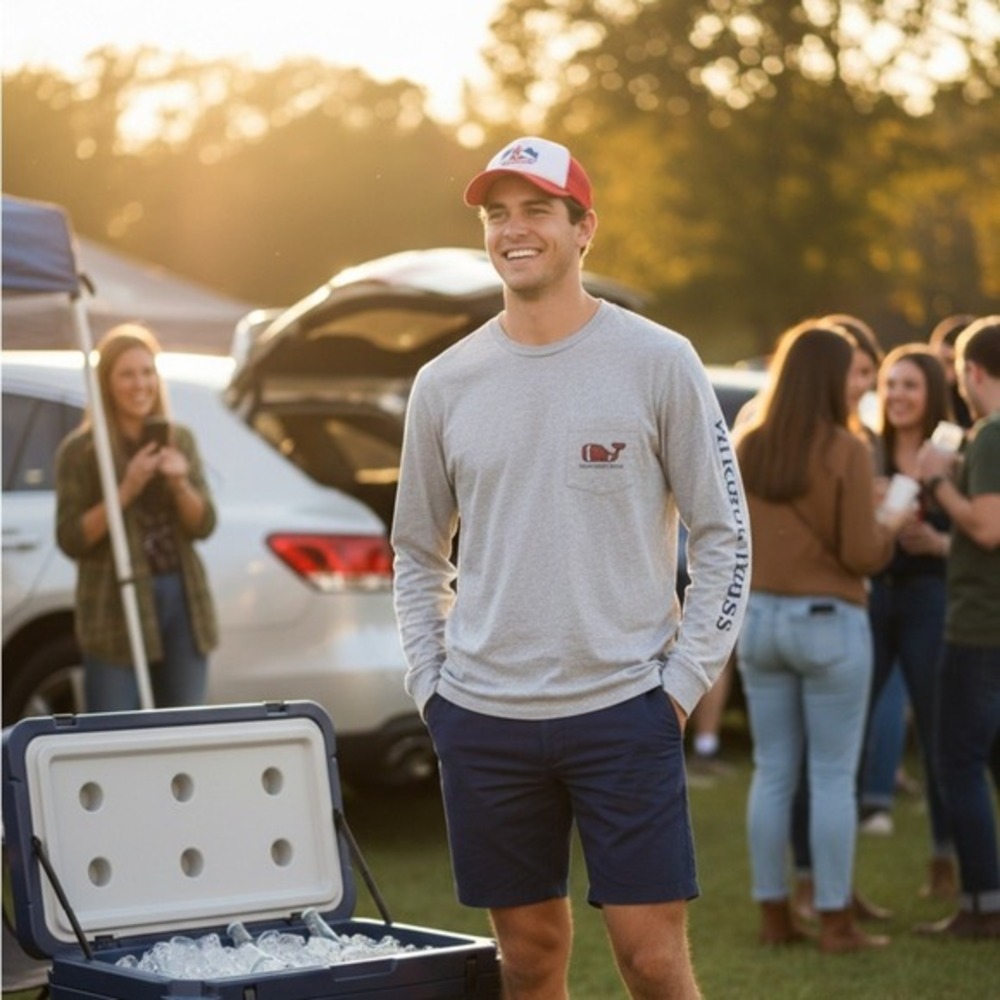 Vineyard‎ Vines Football Whale Long-Sleeve Pocket Tee-Mens S Preppy Americana